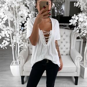 EkAttire Brielle White Lace Up V-Neck Short Sleeve T-Shit Top — in Ivory